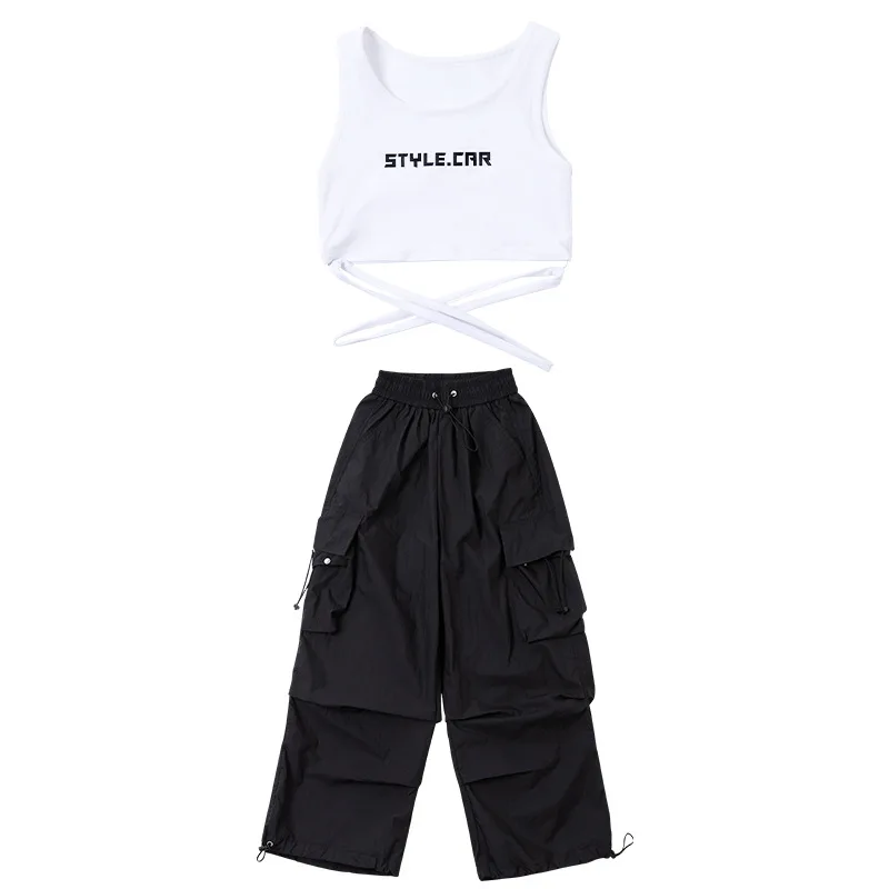 Modern Jazz Dance Costume Girls White Top Baggy Pants Stage Performance Suit Hip Hop Dance Clothes Children's Day Festival Wear