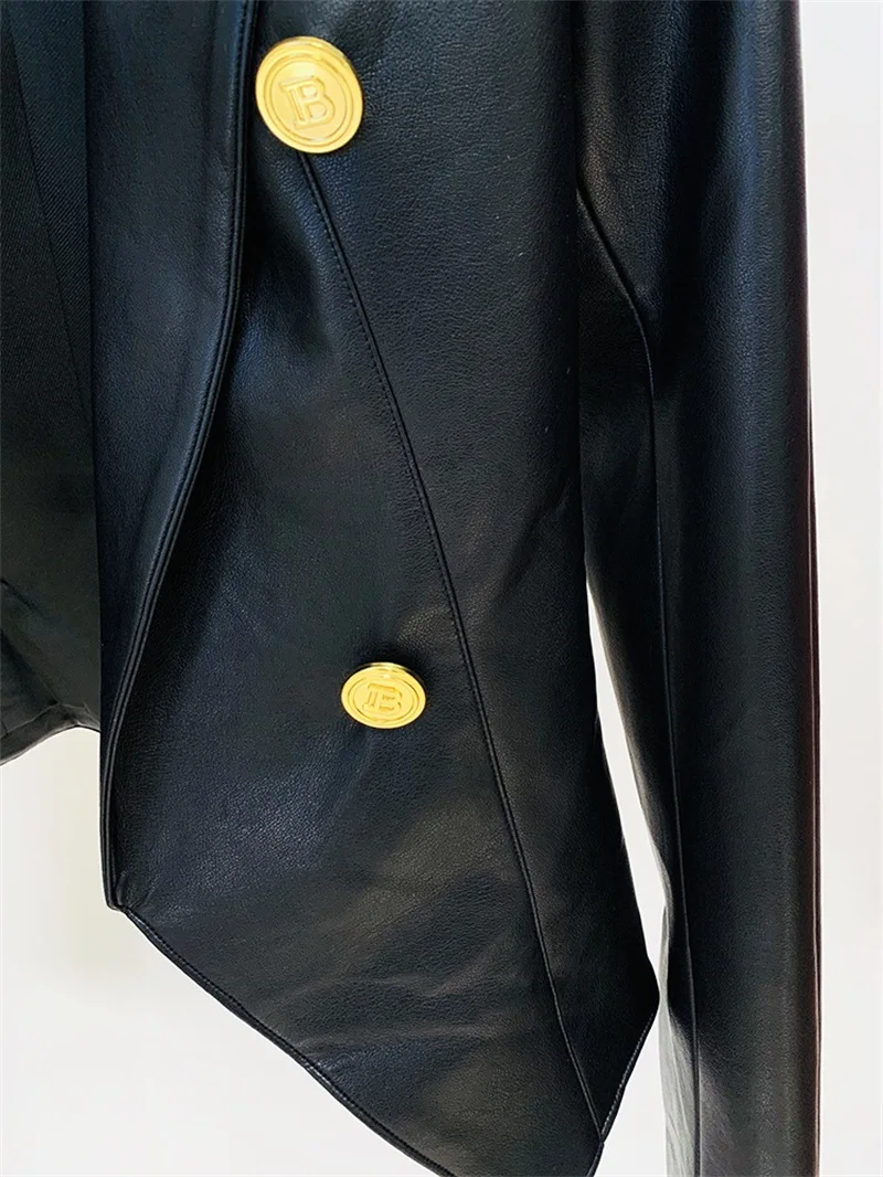 Metal Double Breasted Buckle Women's Suit Gorgeous Peak Lapels Leather Tops Black Brown Long Sleeve Blazer New Arrival In Stock