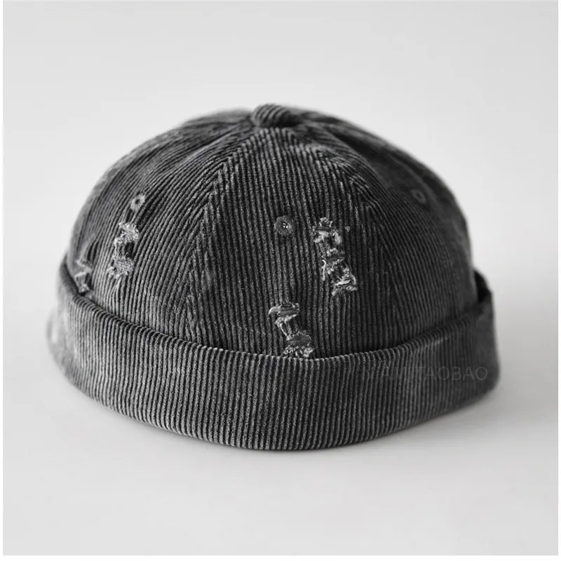 Vintage Washed Corduroy Docker Cap Unisex Distressed Ripped Brimless Hat for Daily Outdoor Street Outfit