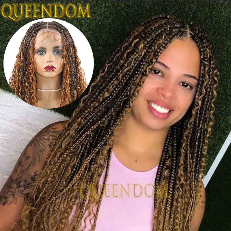 

32 Inch Full Lace Box Braid Wig Ombre Blonde Natural Deep Wave Bohemian Braids Wig Knotless Synthetic Cornrow Plait Braided Wig