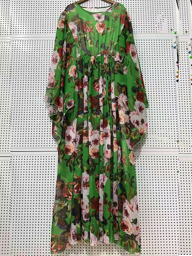 2025년 봄/여름 여성 신상 라운드넥 박쥐소매 시폰 프린트 루즈핏 드레스, 궁궐풍 허리 스윙 휴가 원피스