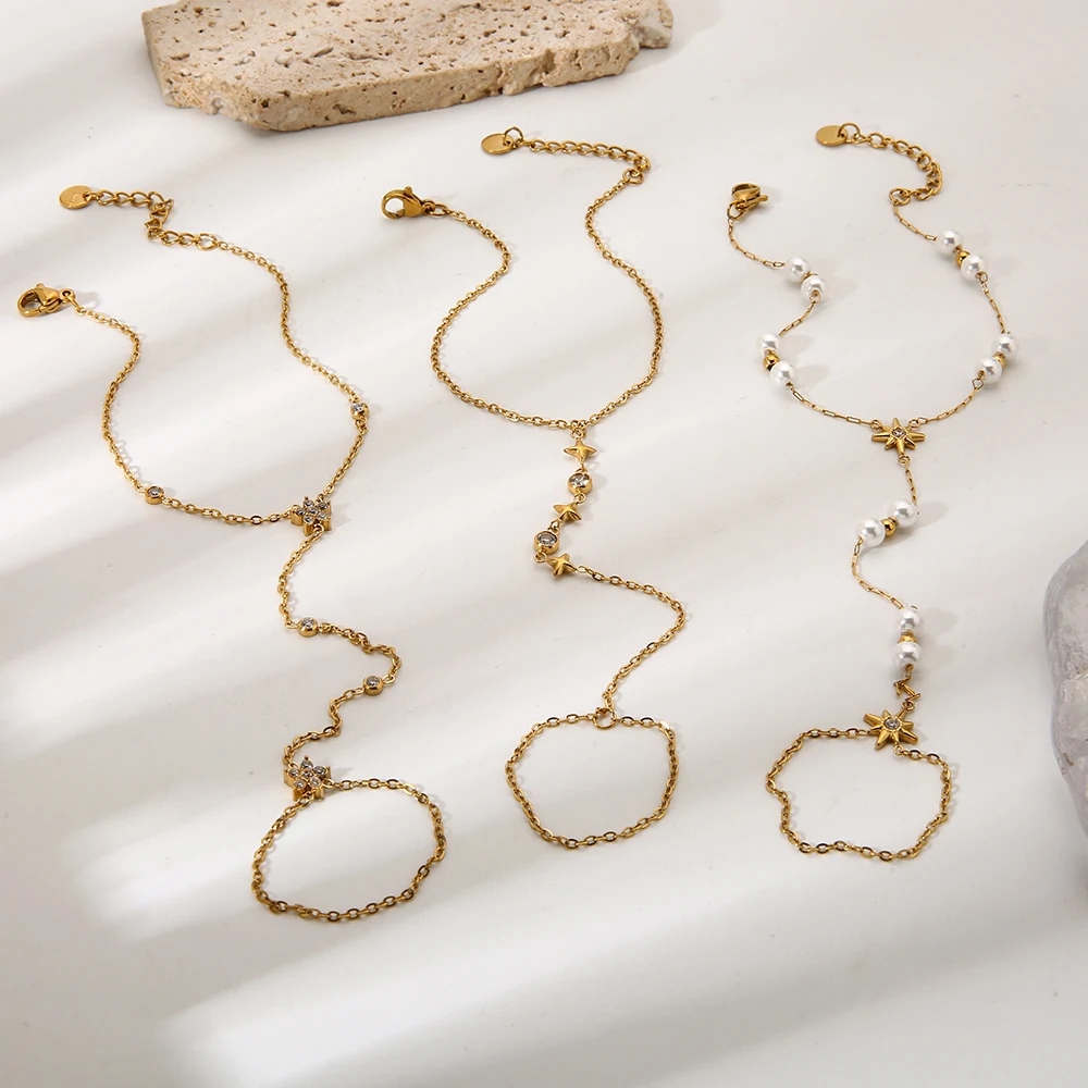 

18K Gold Plated Star Flower Cubic Zirconia Faux Pearl Ring Bracelet Stainless Steel Waterproof Exquisite Jewelry for Women