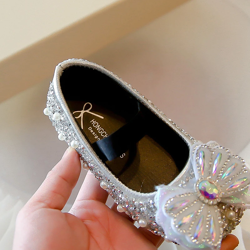 Zapatos de princesa para niña, calzado individual de suela suave con diamantes de imitación, de cuero, para otoño, 2024