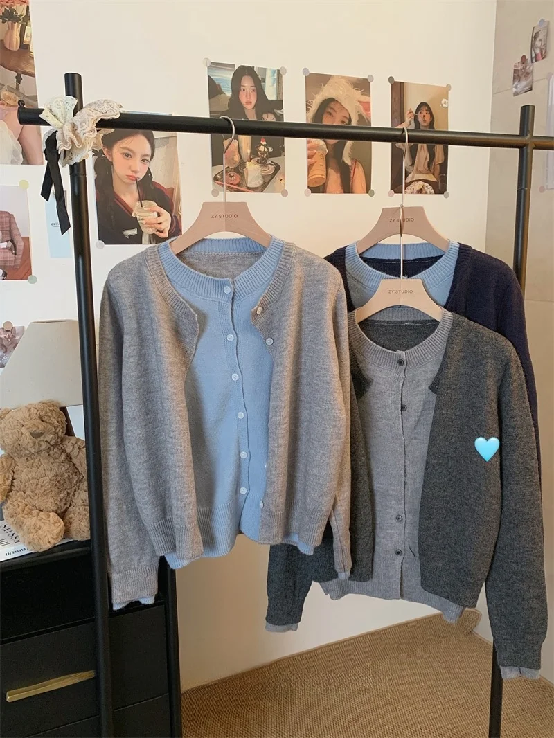 

Elegant Long Sleeve Sweater Cardigan Women's Spring Slimming Versatile Chic Top Kumikumi Design Two-Piece Look Commute Style ...