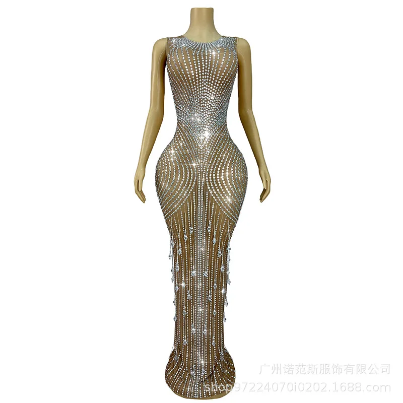 Premium Silver Rhinestone Sexy Fake Meat Dress Engagement Banquet High-end Banquet Host Evening Dress Bachelorette Party Dresses