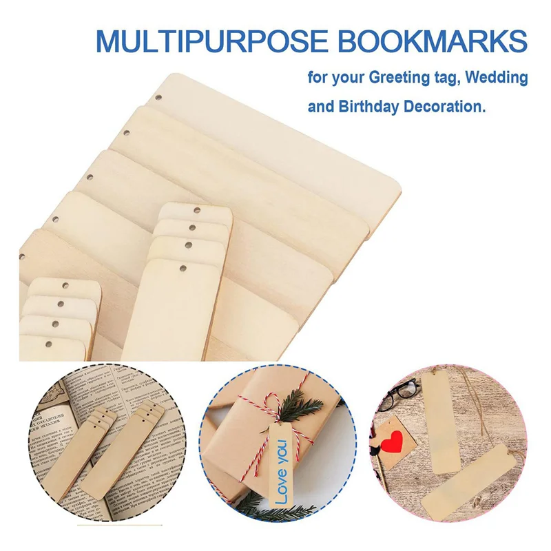 

150 PCS Wood Blank Bookmarks Unfinished Wooden Book Marks Hanging Tag With Holes And Ropes DIY Craft Projects