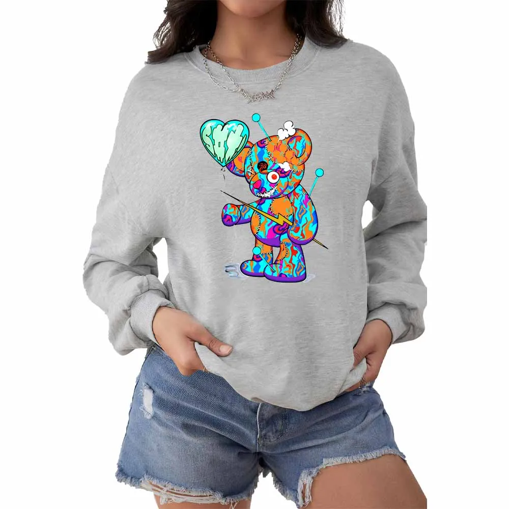 Street trend ladies funny love bear pattern hoodie long sleeve round neck casual jumper, suitable for outdoor leisure sports fas