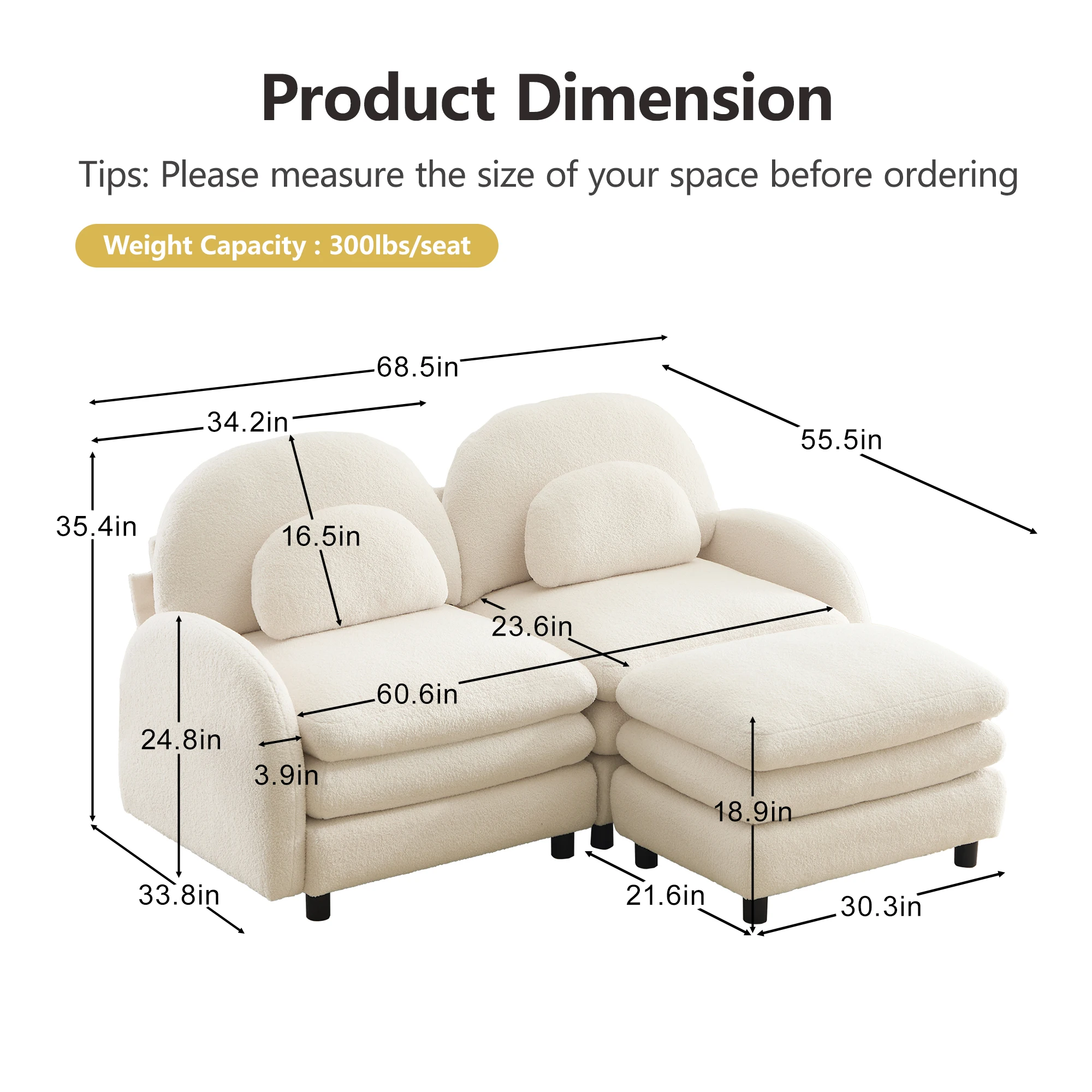 68.5-inch Teddy Fabric Cloud Sofa Equipped With a Footstool Curved Backrest and Armrests as Well as Soft Cushions Suitable for Apartments Living Rooms and Bedrooms