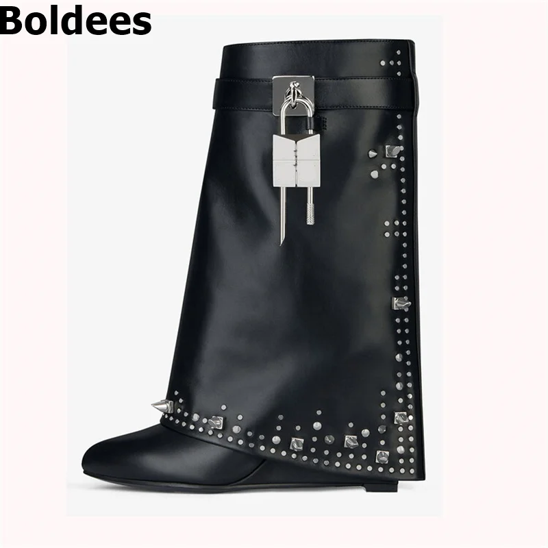 

Padlock Real Leather Wedge Heeled Short Boots Ladies Height Increased High Heel Autumn Winter Short Boots Plus Siz