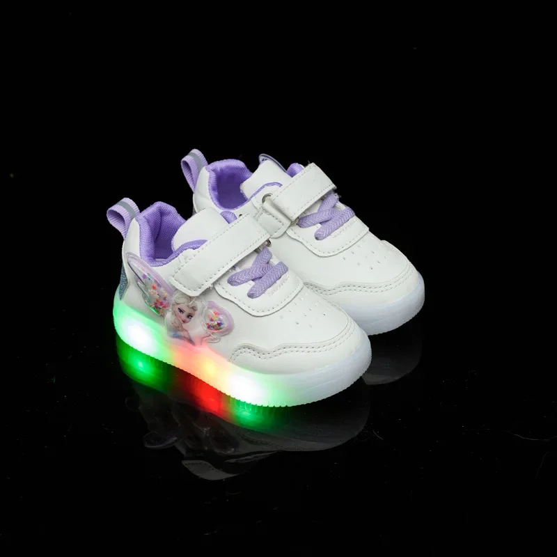 Disney Kids Girls Shoes 2024 Children Sneakers Girls Elsa Frozen Princess Casual Sport Shoes Student Shoes LED Lights Shoes