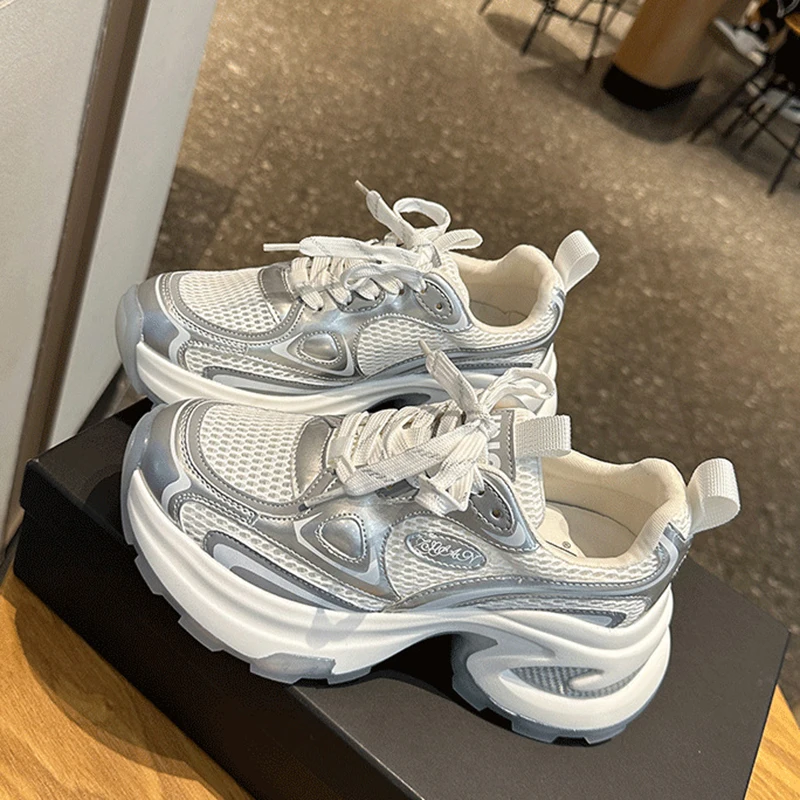 Summer Style Mesh Breathable Thick Sole Increased Leather Casual Sports Shoes Casual Shoes For Women Casual Platform Sneakers