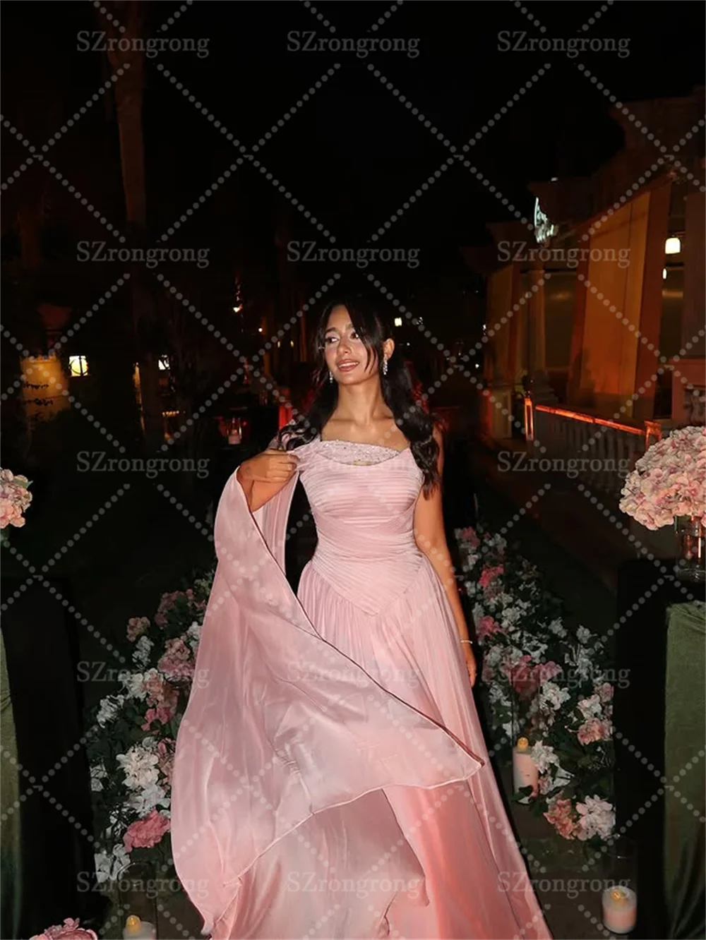 Custom Made Elegant Pink Strapless Tiered Pleated Saudi Evening Gown Beading A-line Floor Length Prom Party Dress with Cape