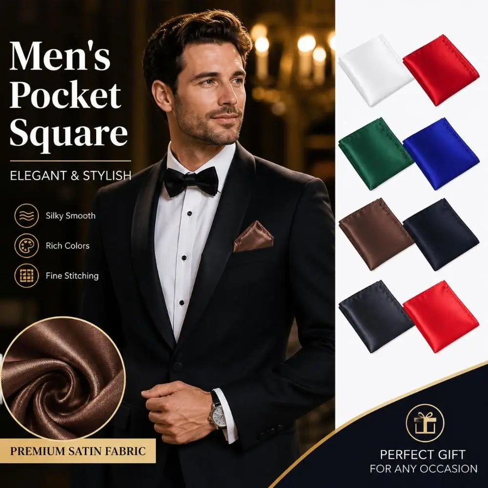 Solid Color Men's Pocket Square Satin Square Shape Breast Pocket Handkerchief Foldable Waterproof Formal Handkerchief