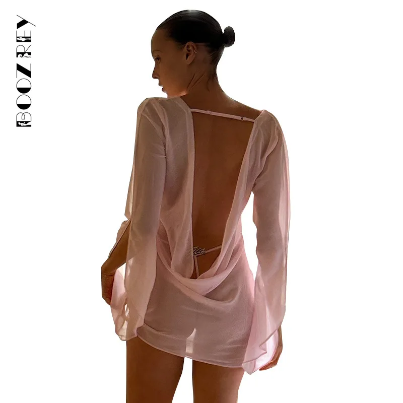 BoozRey-Vestido corto de malla transparente para mujer, minivestido Sexy de manga larga con escote en V profundo, Espalda descubierta, Bodycon para fiesta y Club de verano, 2024