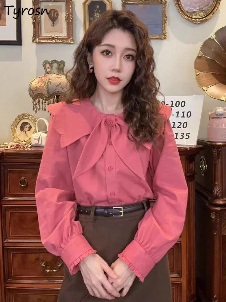 

Bow Shirts Women Sweet French Aesthetic Camisas Autumn Chic Girlish Preppy Fashion Vintage Ruffles Design New Arrival Literary