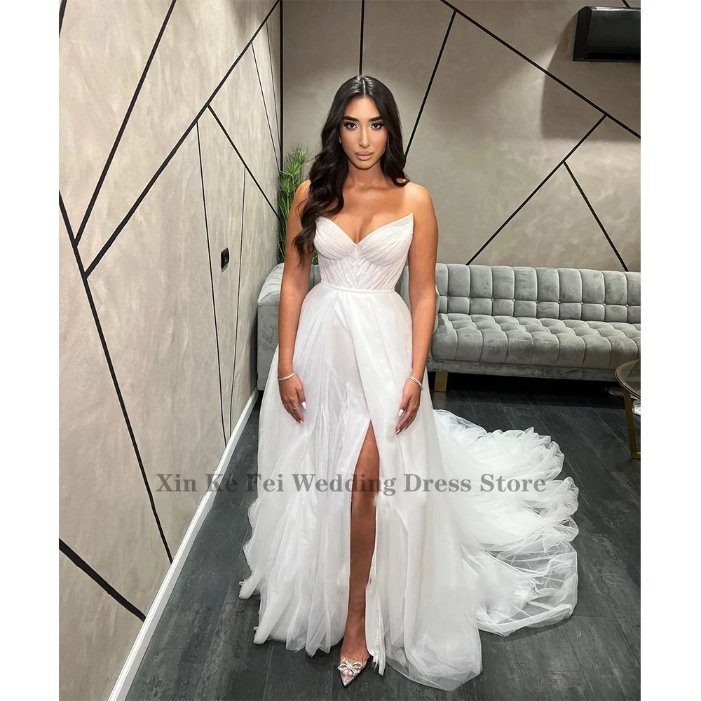 Elegant Women's Wedding Dresses Sexy Sleeveless Side Split Princess Prom Bridal Gowns Formal Beach Party Tulle Vestido De Novia