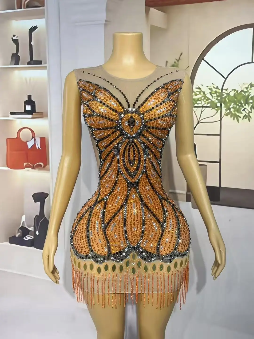 Seksowna moda wzór motyla zaprojektowana lśniąca siateczkowa sukienka z dżetów urodziny wieczorowa suknia wieczorowa pokaż sesję zdjęciową kostium sceniczny