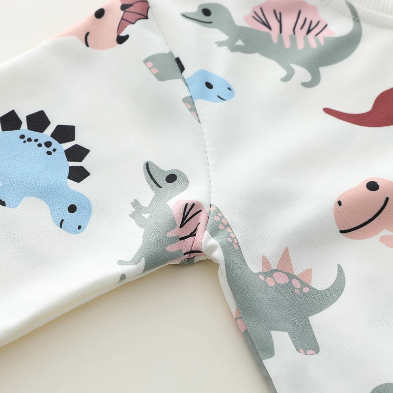 Ensemble à manches longues et col rond pour nourrissons et tout-petits, imprimé dinosaure de dessin animé, deux pièces pour garçons et filles, 2 pièces