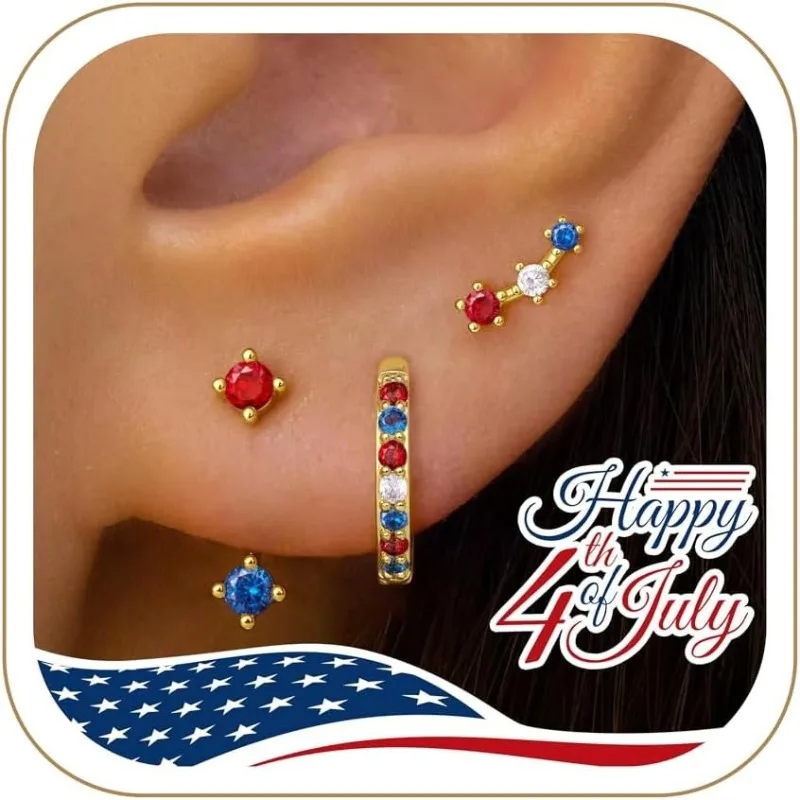 4th of July Earrings for Women Trendy, Stud Huggie Hoop Jacket Stack for Cartilage Helix, 14K Gold Hypoallergenic Jewelry Gifts