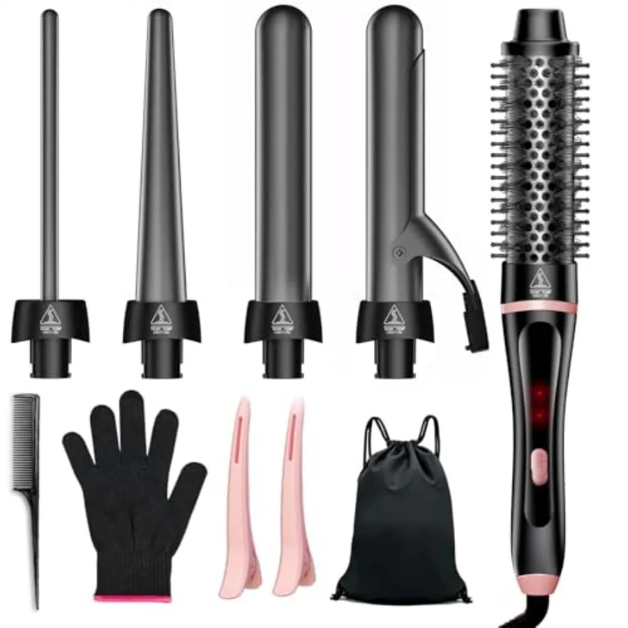 

5 in 1 Curling Iron, Fast Heat Up Thermal Brush Set with 4 Interchangeable Ceramic Barrels 0.35"-1.25" Dual Voltage Travel Tool