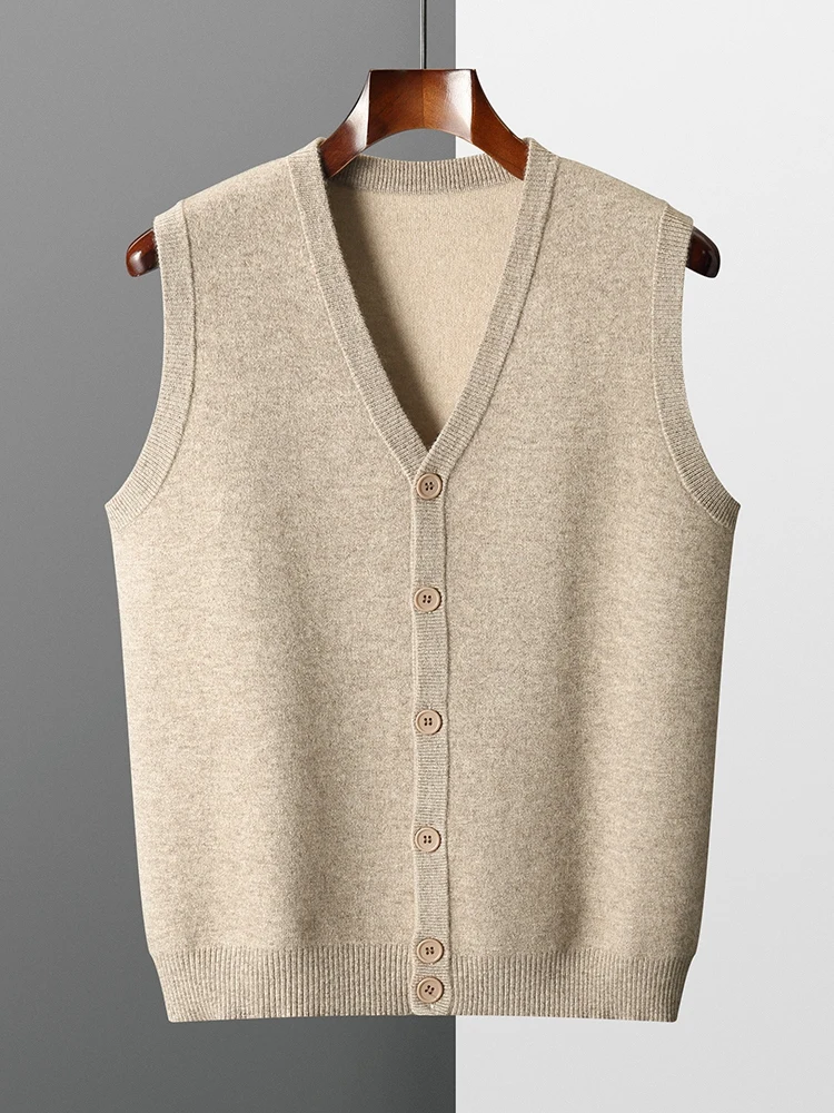 Men V-neck Cashmere Waistcoat Sleeveless Button Pullover Sweater 100% Cashmere Knitwear Smart Casual Clothes Autumn Winter Vest