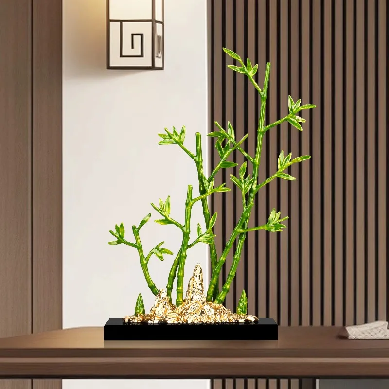 Multi Stem Slender Plant Figurine Textured Rock Accent Solid Dark Flat Block Base Office Console Static Decor Craft Segmented