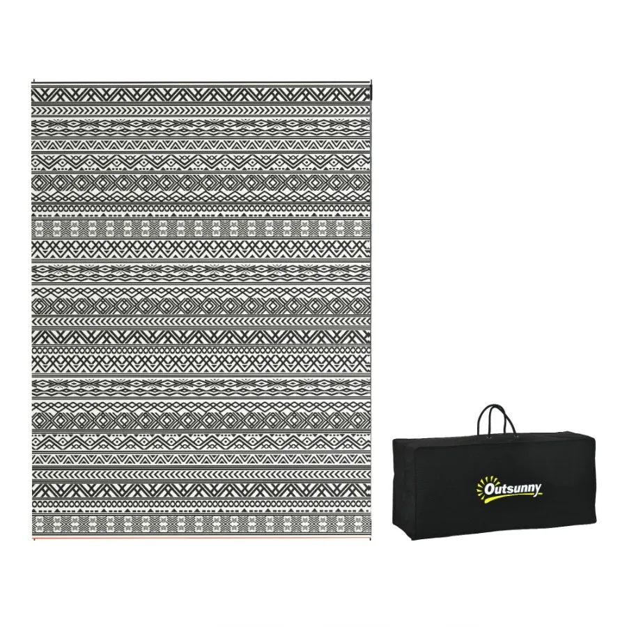 

Portable Patio Mat Reversible Gray Cream White Boho Outdoor Rug 9x12 with Carry Bag for RV Camping