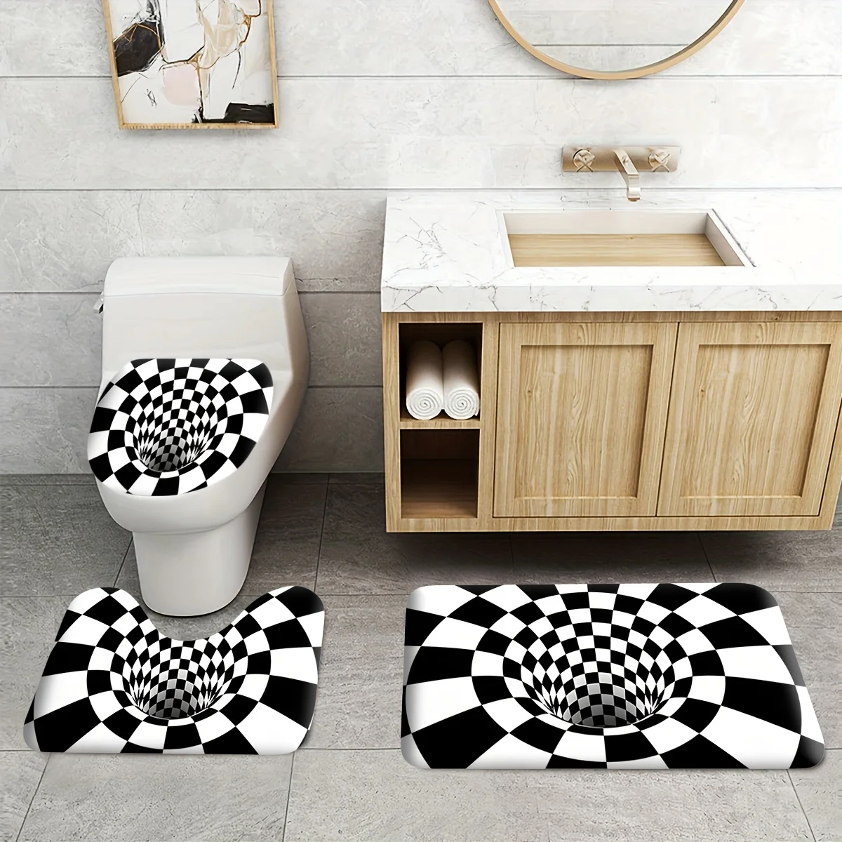 

3шт. ​ ​ Набор ковриков для ванной в клетку 3D Illusion — нескользящий коврик и коврик с геометрическим рисунком для современного декора ванной комнаты и оптического художественного стиля ​