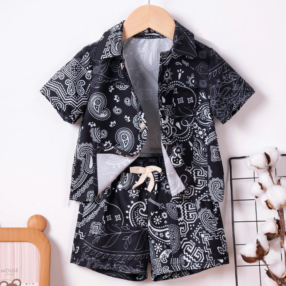 Boys Summer Suit Full Print Children's Fashion Lapel Shirt Clothes Single Placket Short Sleeve + Shorts Elastic Waist Breathable