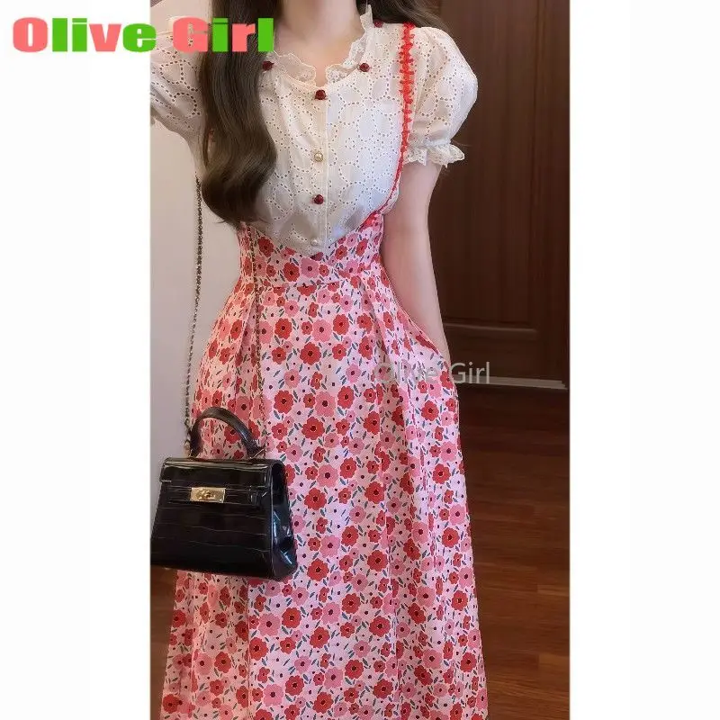 Camisa de estilo francés, mangas de burbuja blancas, estampado de temperamento, tirantes florales, Falda corta, conjunto de dos piezas de verano, ropa de mujer