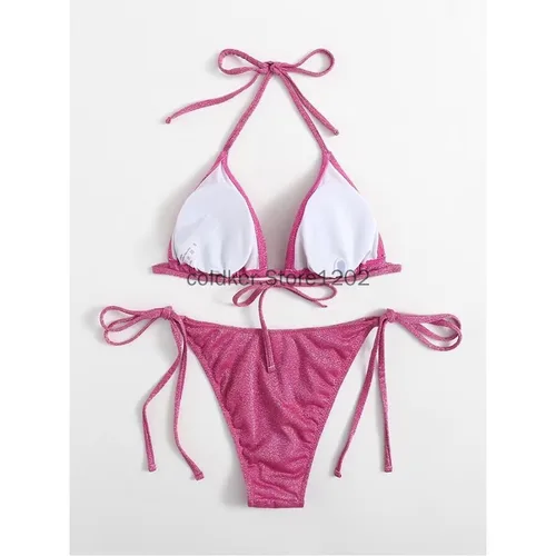 Imagen 2 del producto Conjunto de Bikini rosa, azul y negro brillante, Bikinis triangulares, traje de baño Bandage para mujer, traje de baño de dos piezas, Bikini de verano, nueva ropa de playa