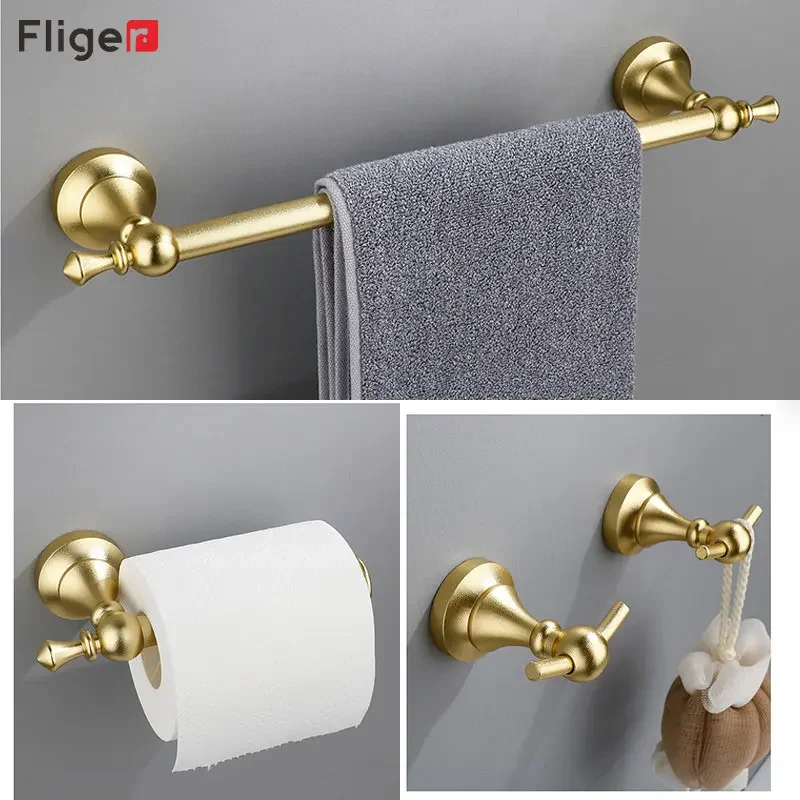 Fliger Retro Bathroom Hardware Set Towel Bar Paper Holder Robe Hook Towel Ring Black Silver Gold Bathroom Accessories Set