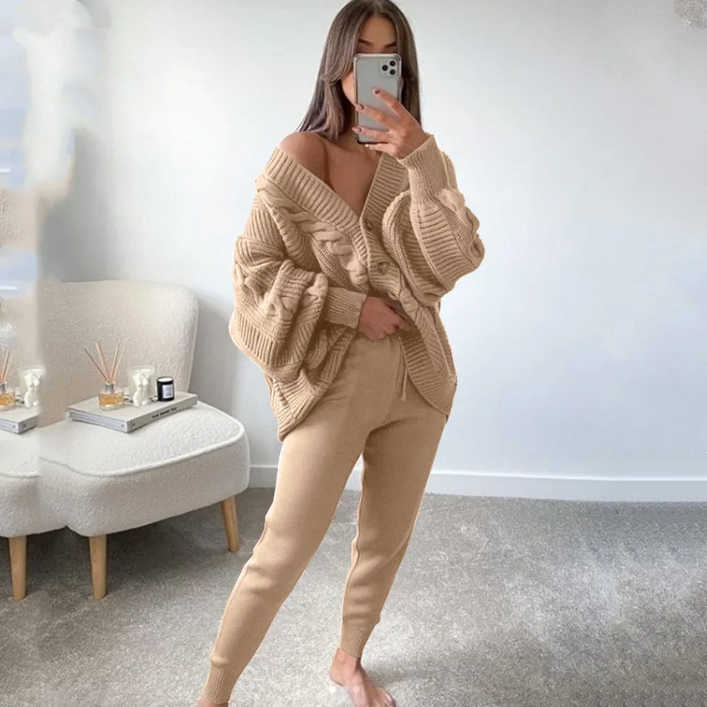 Kinitted Cardigan Pants Suits Women 2 Piece Sets Solid Spring Tracksuit Thick Warm Autumn Winter Clothing Joggers Matching Sets