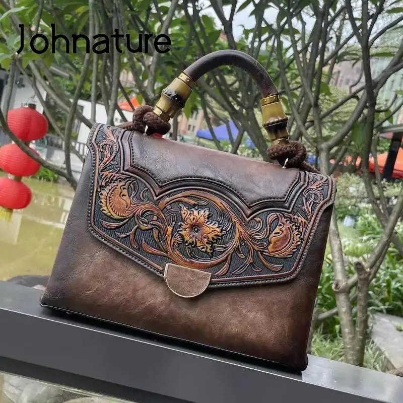 Johnature 2024 New Autumn Vintage Embossed Handbag Versatile Leather Women Bag Large Capacity Handmade Shoulder & Crossbody Bags