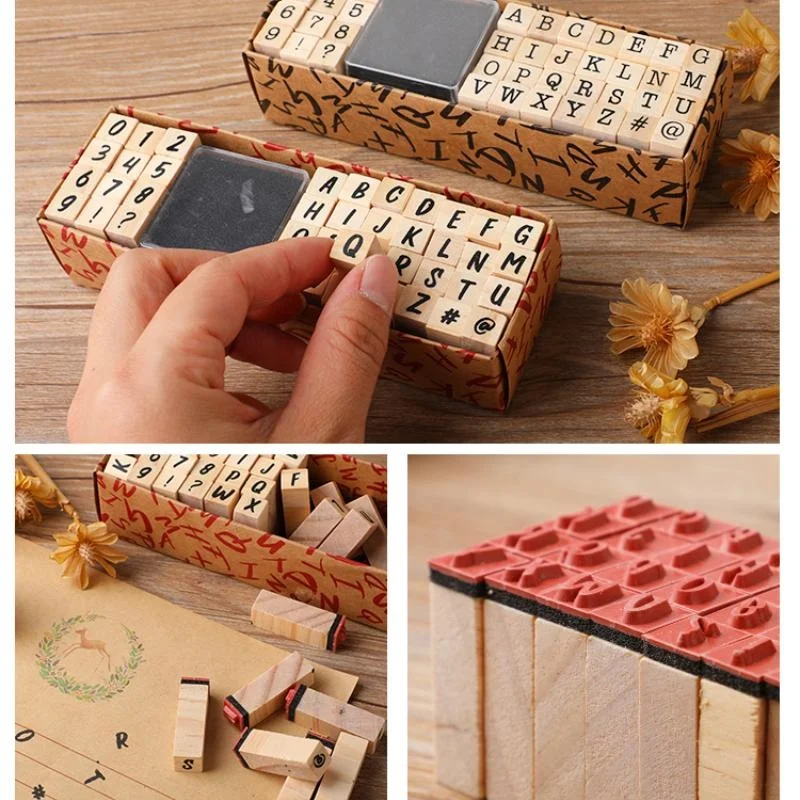 40Pcs/1Set Alphabet Stamps Vintage Wooden Rubber Letter Number Symbol Stamp Set with Black Ink Pad for Card Making Planner