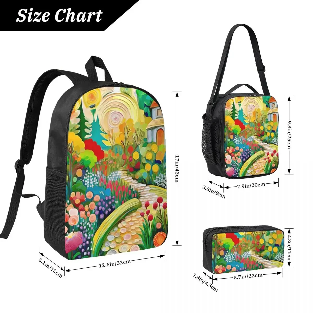 Gustav Klimt Flower Garden With Cottage Backpack BookBag School Bag Laptop Shoulder Bags 3ps Insulated Lunch Bag Pencil Case
