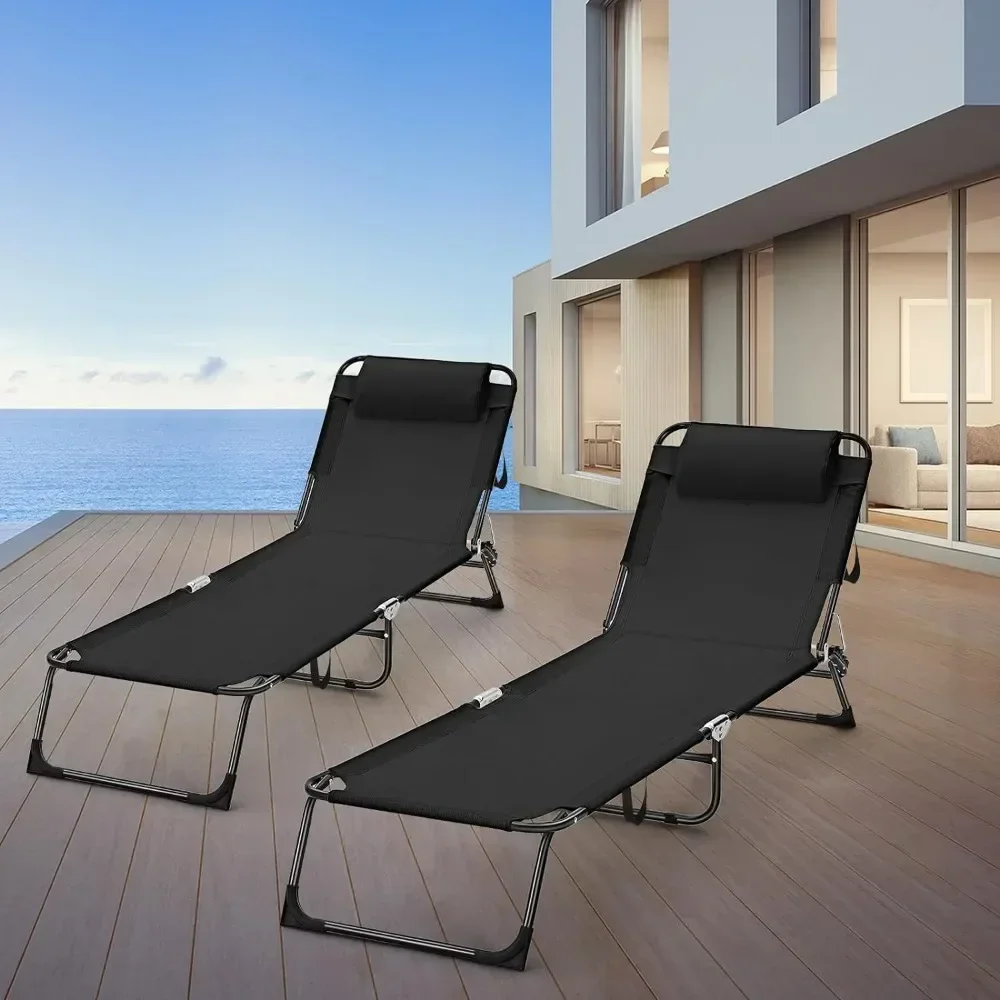 

2 Pack Folding Chaise Lounge Chairs Outdoor Tanning Chair for Outside Pillow 5 Position Reclining Back Breathable Mesh Sun Chair