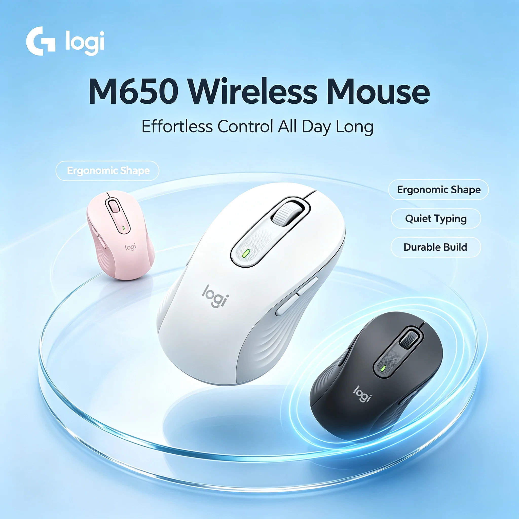 Logitech M650 Signature Wireless Ergonomic Mouse Silent Clicks Long Battery Life For Desktop Laptop