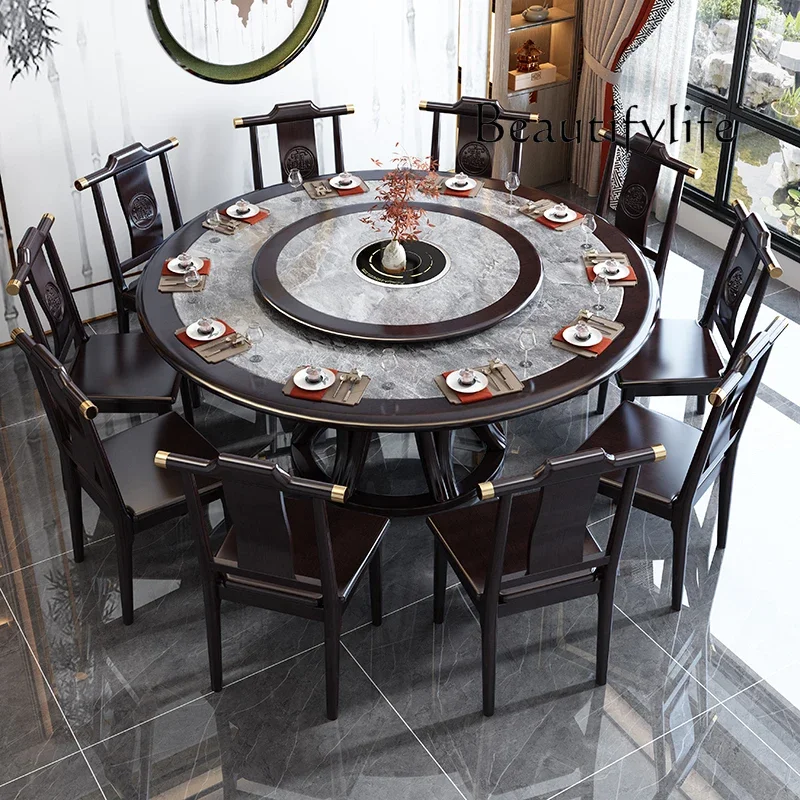 Solid Wood Dining Table and Chair Assemblage Zone Turntable Household Hotel Stone Plate Dining Table with Induction Cooker