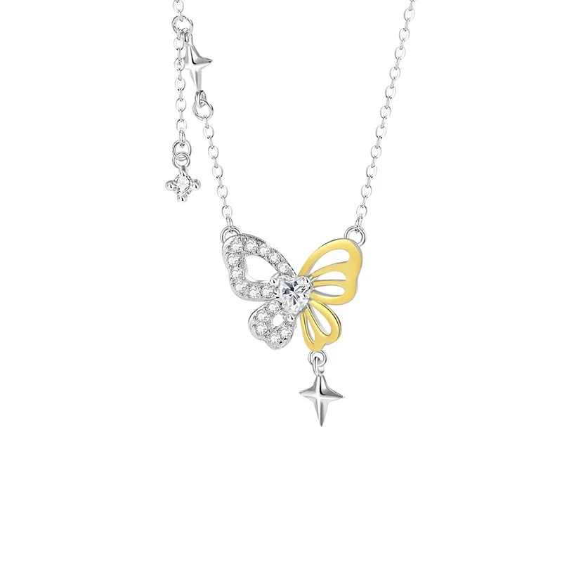 S925 Silver Light Luxury Minimally Asymmetric Sparkling Zircon Hollow Butterfly Necklace Gold Color Women's Festival Day Gift