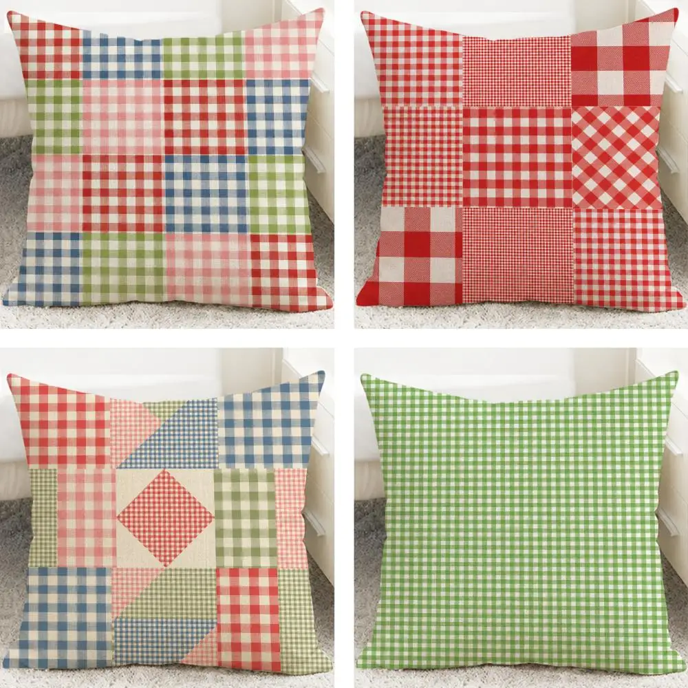 Pattern Gingham Cushion Cover Cushion Covers Natural Linen Breathable Sofa Bedroom Decor Pillowcase