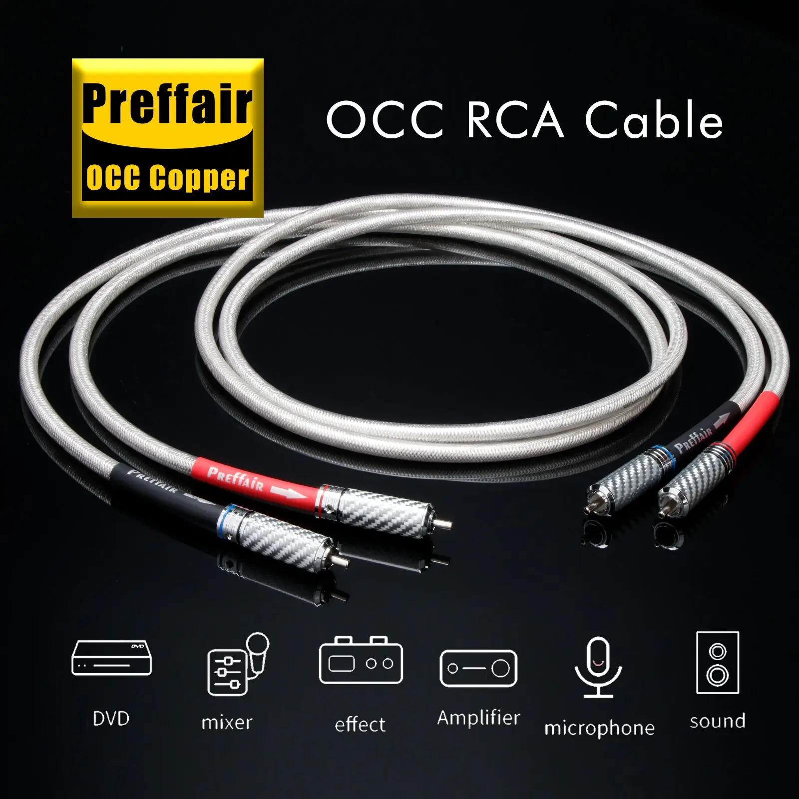 Paire de câbles RCA QED 7N OCC, câble Audio RCA plaqué argent avec connecteur RCA plaqué Rhodium en Fiber de carbone pour amplificateur