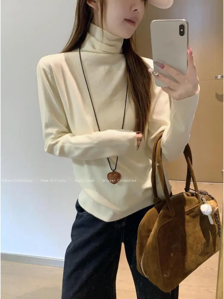 

Korean Women's Solid High Neck Versatile Slim Short Sweater Autumn Winter Long Sleeved Holiday Pullover Tops Simplicity Clothing