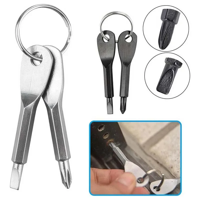 2PCS Portable Phillips Slotted Screwdriver Set Key Ring Keychain Mini Pocket Keyring Cross Screw Driver Repair Tool Gadget Small