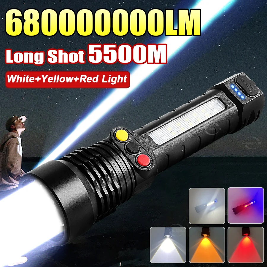 

Самый мощный светодиодный фонарик, перезаряжаемый через USB, ручная лампа высокой мощности, фонарик для дальнего выстрела, тактический фонарь для кемпинга,фонарь аккумуляторный,фонарик мощный,рыбалка,5500 метров