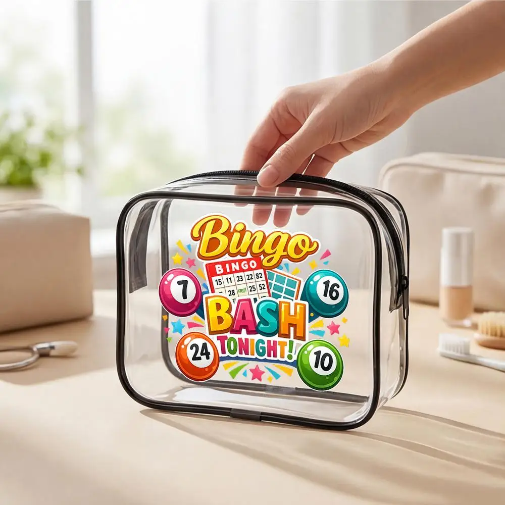 Clear PVC Zippered Makeup Bingo Organizer Bag With Bingo Balls Card Design MultiColored Star Travel Toiletry Pouch Suitable F
