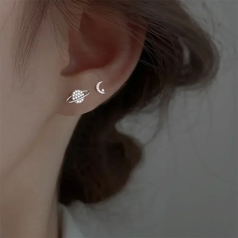 Korean Crystal Zirconia Stars Moon Earrings For Women Fashion Stainless Steel Asymmetrical Stud Earrings Personality Ear Jewelry