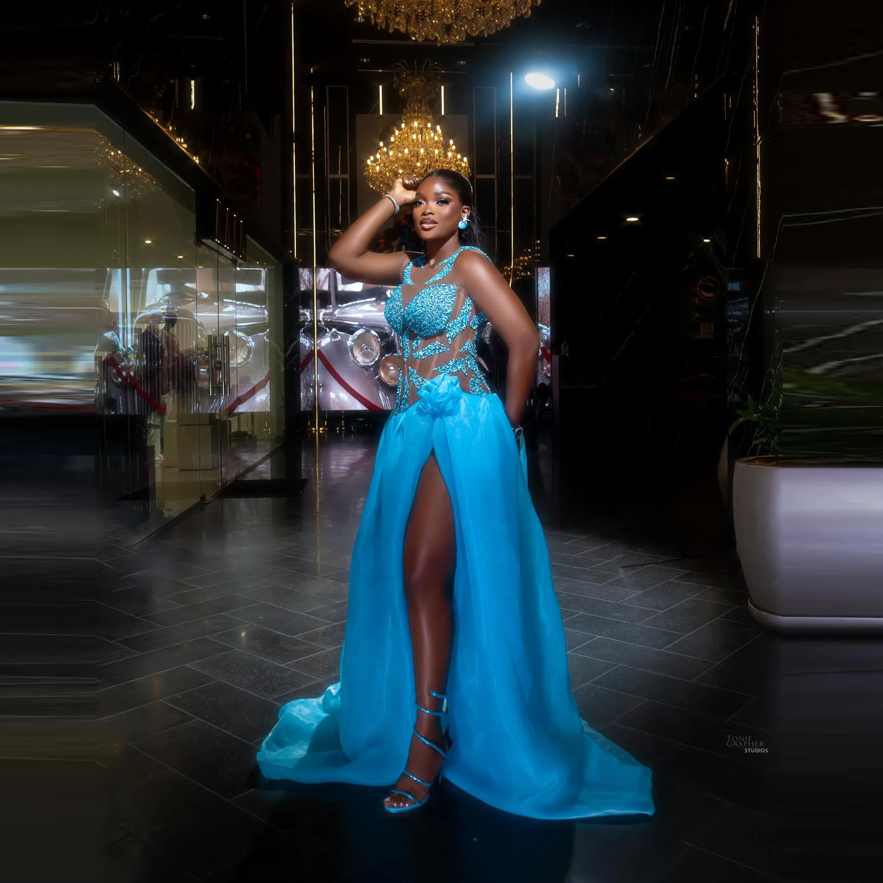 

Luxury Blue High Slit Maxi Skirt with Flower Waist Detail, Elegant Party Prom Outfit Sexy Long Skirt for Women Evening Skirts