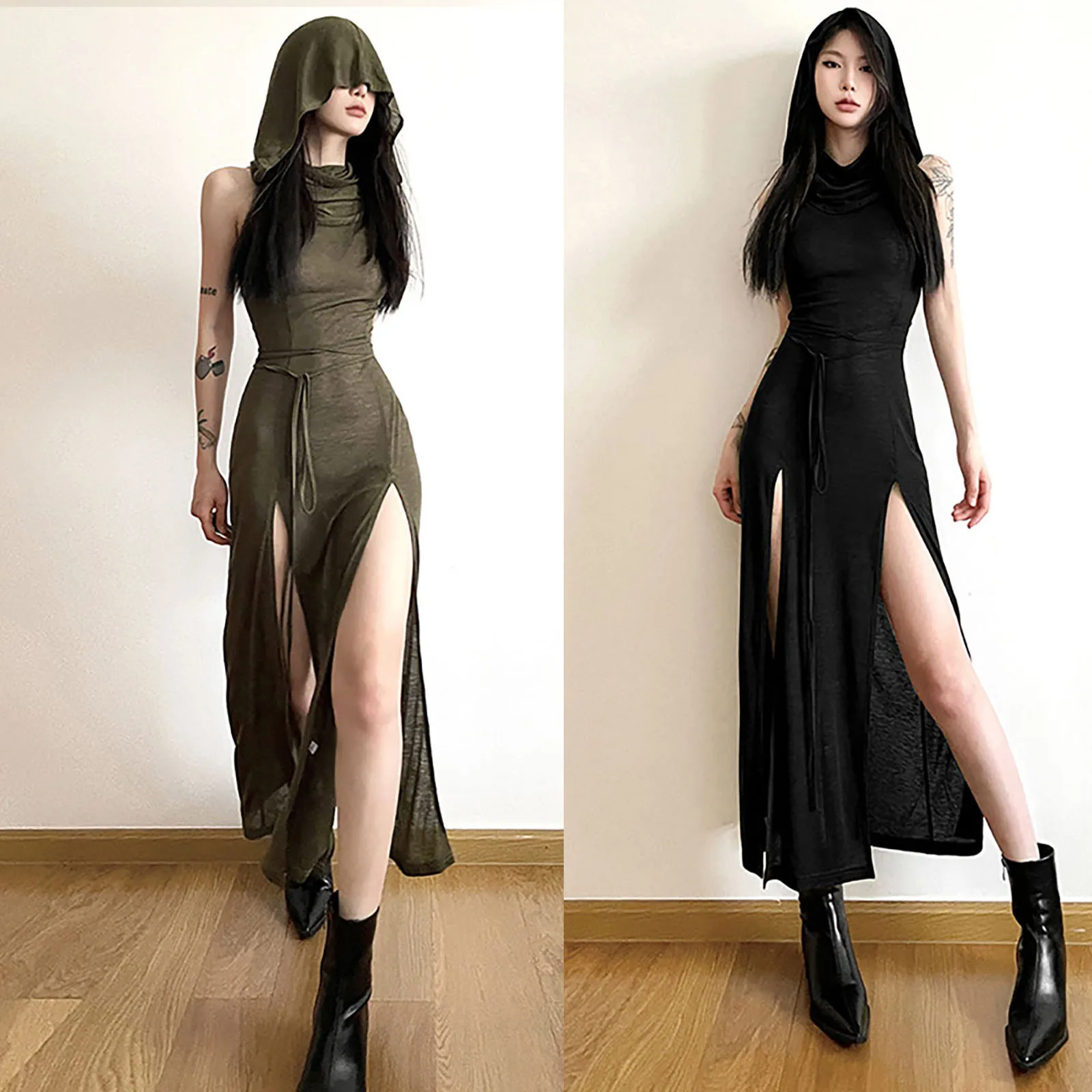 Robe à capuche Cyber Gothic Desert Walker pour femmes, robes mi-longues évidées, streetwear monochrome, côté fendu, punk, grunge, Y2K, sexy