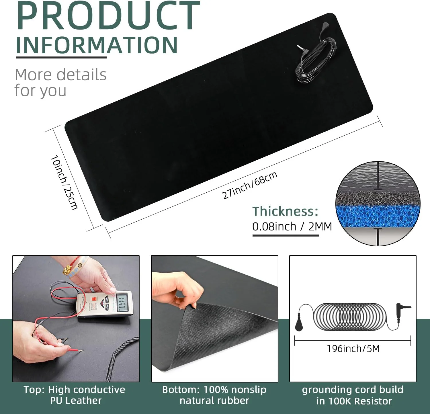 Grounding Mat Earth Foot 16ft Connection Cord Indoor Use Suitable for Desk Connects to Reduces Fatigue and Stress Improves Sleep